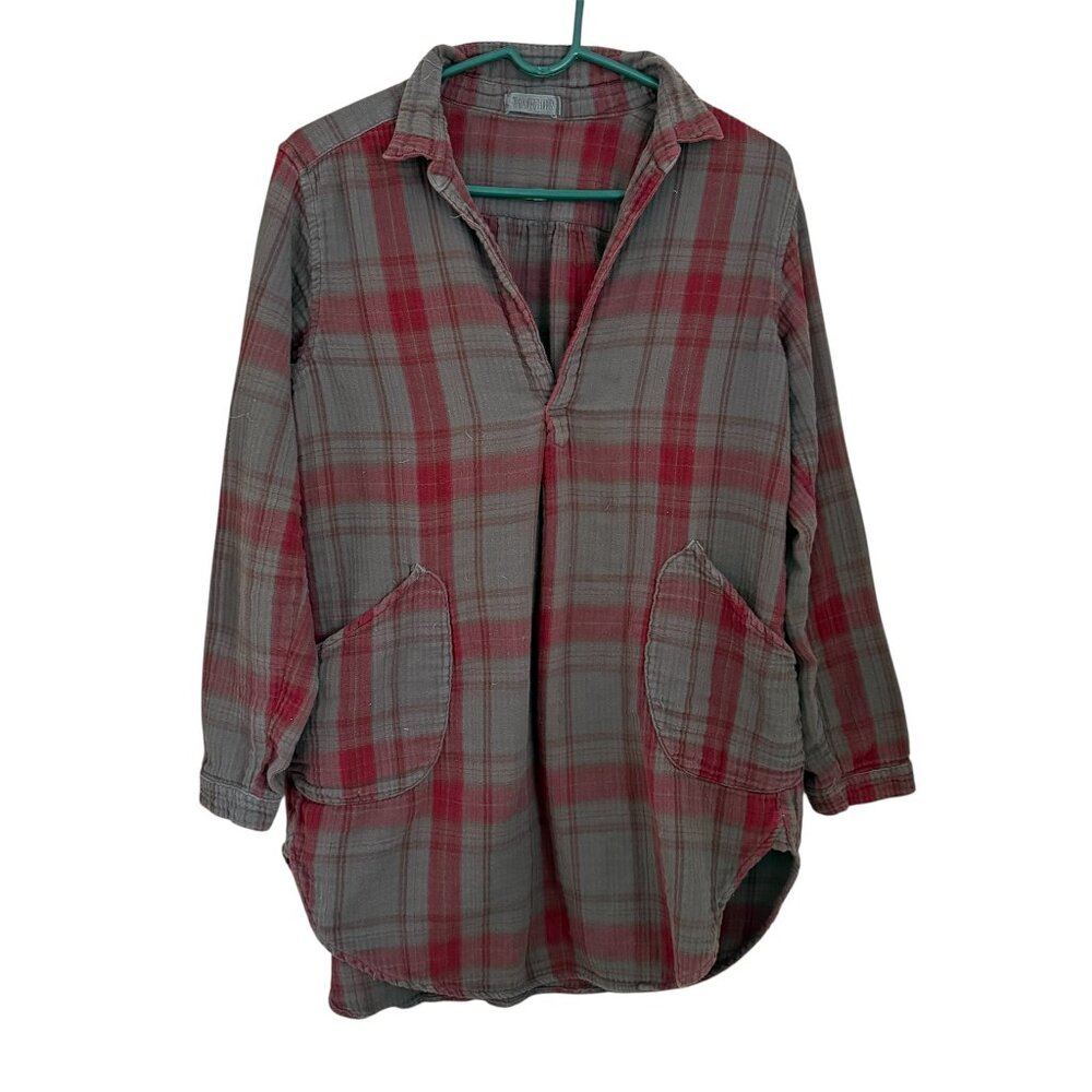 Free People x CP Shades Plaid Gauze Tunic Sz S Lagenlook Oversized Layering Boho